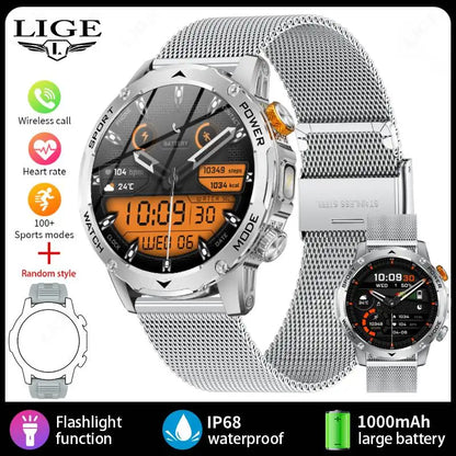 LIGE 2025 New 1000mah Smart Watch Men AMOLED HD Display Sport Fitness LED Flashlight Bluetooth Call Smartwatch For HUAWEI XIAOMI