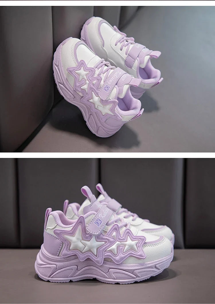 Children Casual Shoes for Girls Fashion Classic with Stars Girls Sports Running Sneakers Breathable PU + Rubber Anti-skid Soft.