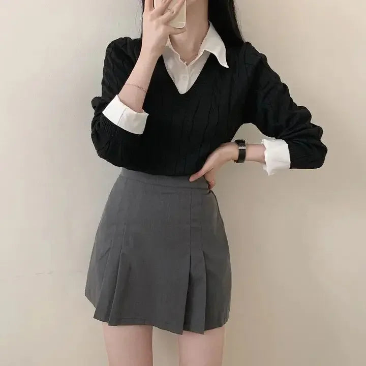 Mode Winter Gestrickte Pullover Frauen Casual V-ausschnitt Pullover Alle-spiel Weibliche Kleidung Lose Gefälschte Zwei Artikel Kurze Tops Jumper.