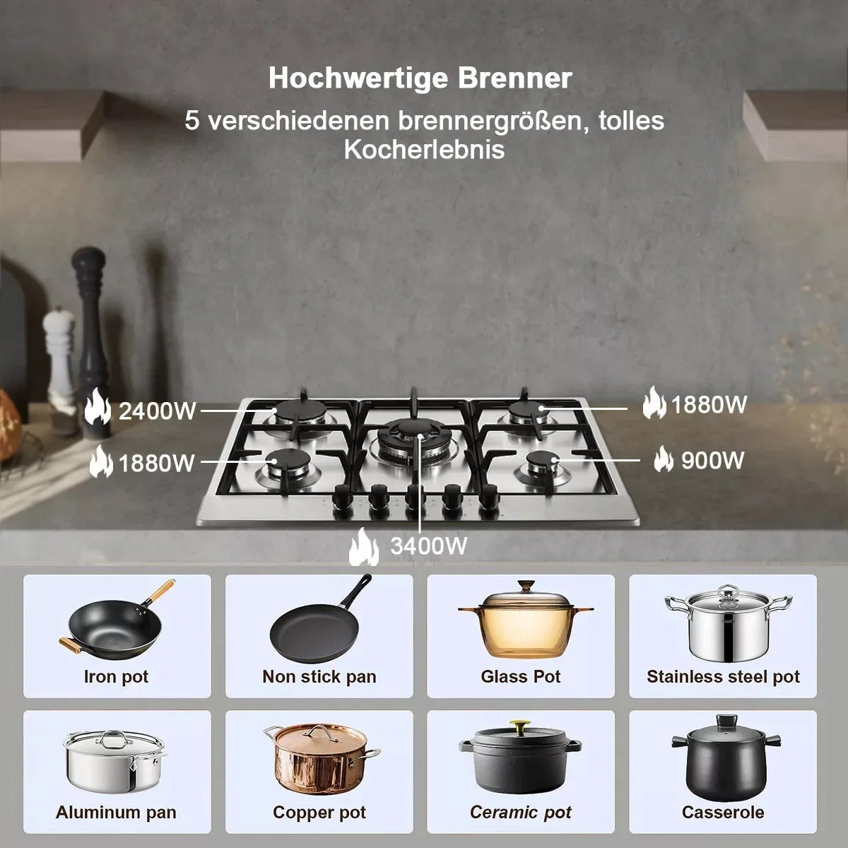 Topstrong 5 Burner Stainless Built-in Natural Gas Propane NG/LPG Gas Hob YYEUGCT-S05.