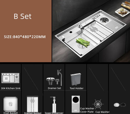 Large Size Nano Meter Cup Rinser Stepped Kitchen Sink 304 Stainless Steel 4mm Thickness Handmade Sinks With Knife Holder