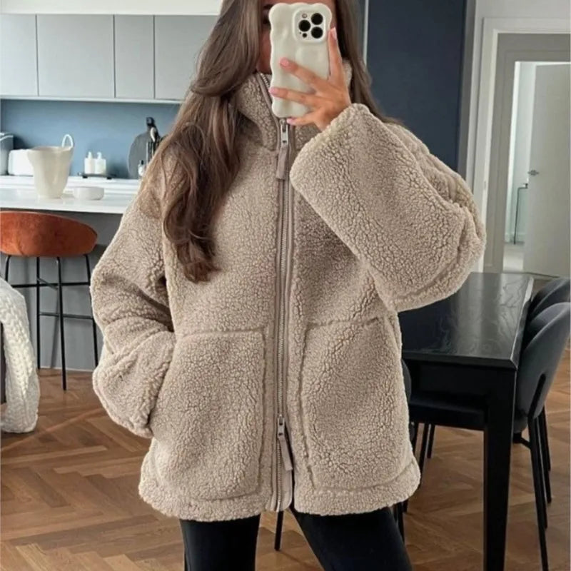 Winter Fleece frauen Mantel Zipper Stehkragen Lose Verdickt Mantel frauen Herbst Warme Neue Casual Trendy frauen Mantel.
