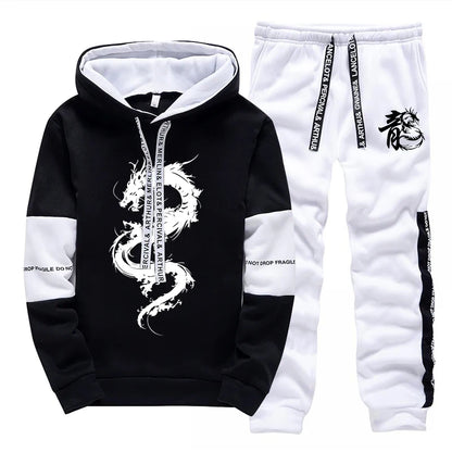Men's Hooded Sweatshirt Sweatpants 2pcs Set Urban Casual Fashion Hoodie Outfits Dragon Printed Pullover Male Sporty Jogger Suit.
