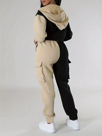 Women Loose Autumn Winter Two Pieces Suit Matching Sets Hoodie Tracksuit Blocked Zipper Short Outerwear Drawstring Cargo Pants.