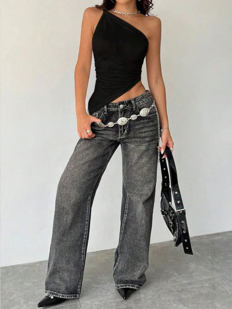 2025 New Fashionable Casual Women's T-Shirt Solid Color Single Shoulder Asymmetrical Slim Fit Top One-Piece Neck.