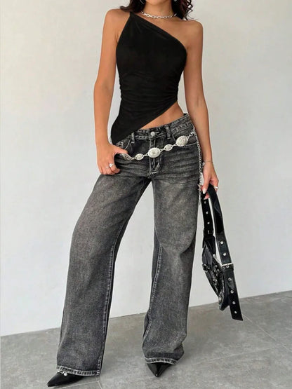 2025 New Fashionable Casual Women's T-Shirt Solid Color Single Shoulder Asymmetrical Slim Fit Top One-Piece Neck.