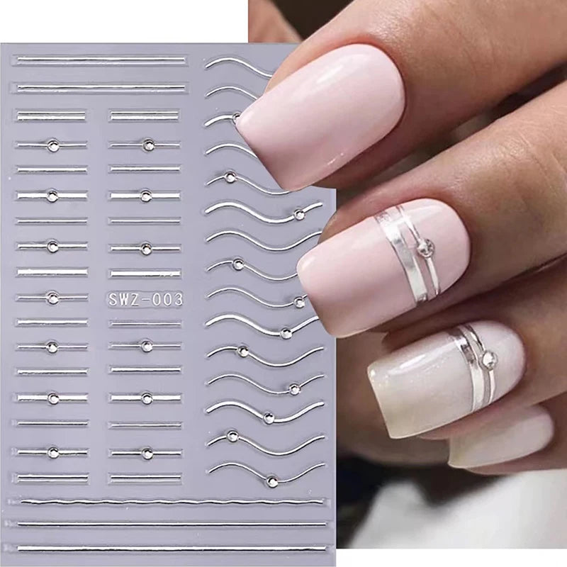 French Tips Nail Sticker 5D Embossed Crystal French Nail Decals Gold Silver Black Line Design Adhesive Slider Nails Art.