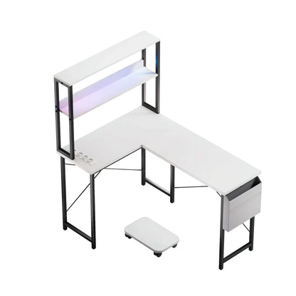 Weißer L-förmiger Schreibtisch mit LED Beleuchtung Doppelregal USB Steckdosen Gaming und Arbeitstisch