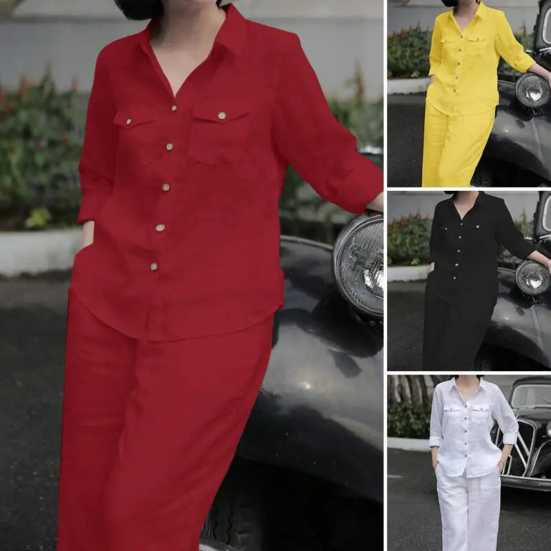 Elegant Autumn Women Matching Sets Long Sleeve Shirt Wide Leg Pants ZANZEA Casual Solid OL Work Suit Tracksuits Holiday Outfits.