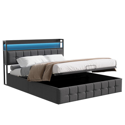 Rosahqnda Kissenbett, gepolstertes hydraulisches Bettgestell, graues Leinenkopfteil, Leinenstoff ohne Matratze