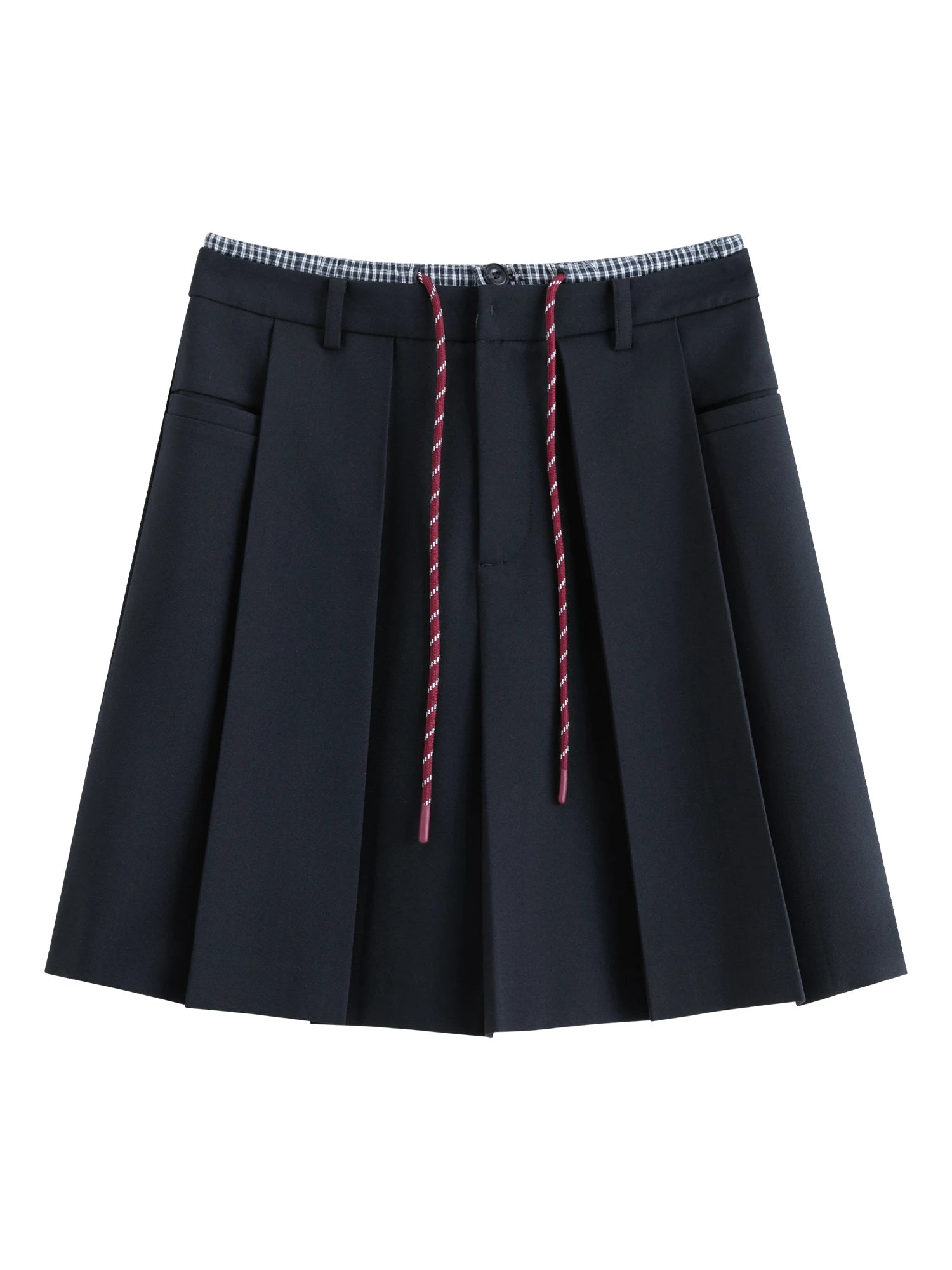 FSLE Double Waist Fake Two-piece Plaid Splicing Drawstring Skirt 2025 Autumn New Style Skirt 25FS13096.