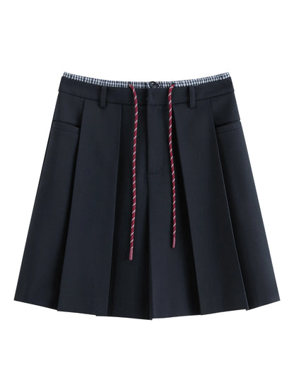 FSLE Double Waist Fake Two-piece Plaid Splicing Drawstring Skirt 2025 Autumn New Style Skirt 25FS13096.