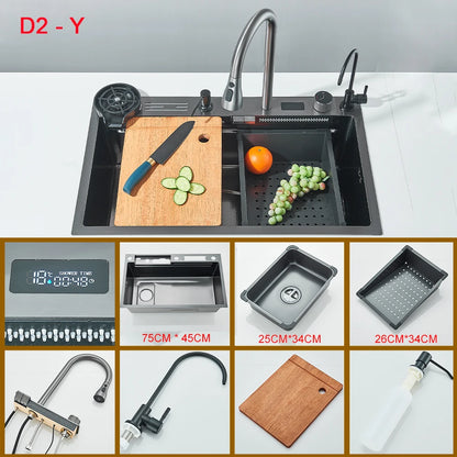 Multifunktionales Wasserfall-Spülbecken für die Küche, Digitalanzeige, großes einzelnes graues Spülbecken, Spülbecken, Spüle aus Edelstahl 304