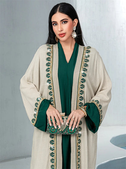 Ramadan Mubarak Kimono 2 Piece Abaya Damen Dubai Luxury Set Islam Muslim Modest Dress Women Kebaya Kaftan Robe Femme Musulman.