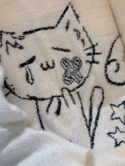 Vintage Preppy Kawaii Cartoon Jacquard Pullover Süße Harajuku Lose Grunge Pullover Y2k Ästhetische Frauen Weiße Gestrickte Pullover.