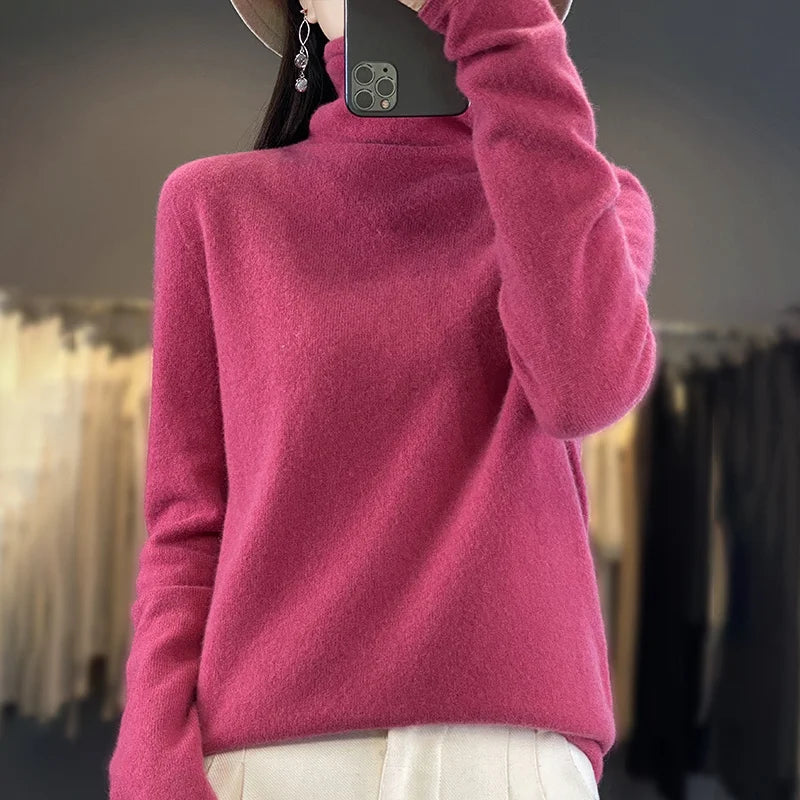 2025 100% Merino Wool Sweater Elegant Cashmere Pullover Women Pile Collar Long Sleeve Knitwear Basic Clothing  Jumper Tops.