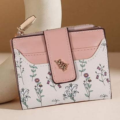 Slim Pu Leather Short Wallet Ins Multi Card Zipper Coin Wallet Strap Small Flower Card Bag Wallet Zipper Strap Women's Girl.