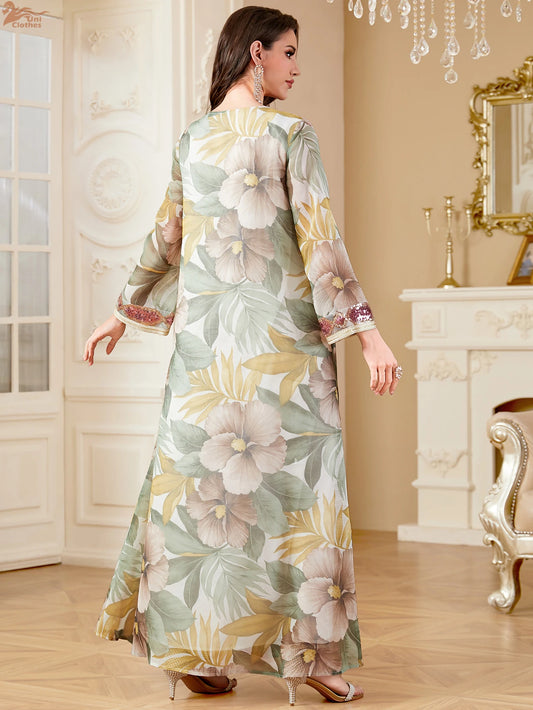 Ramadan Dubai Floral Print Long Dress Sequins Patchwork Abayas Mesh Kebaya For Muslim Women's Casual Loose Clothing.