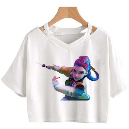 Kpop Demon Hunters Girls O-Neck Casual Women Summer Shirts Crop T-shirt.