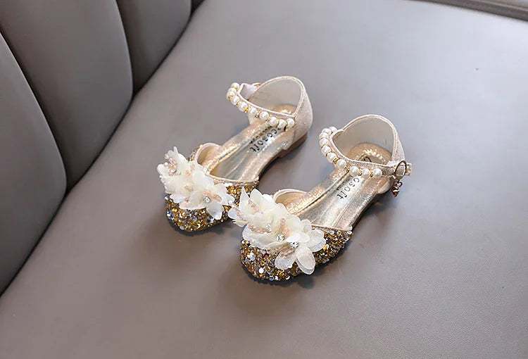 Fashion Children's Sandals 2024 Spring Summer Shining Flowers Sweet Girl Princess Shoes Dance Performance Kids Sandals J191.