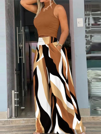 Autumn New Sleeveless Vest For Women's Suit Fashion Printed Wide Leg Trousers Slim Elegant Female Temperament Office 2 Piece Set.