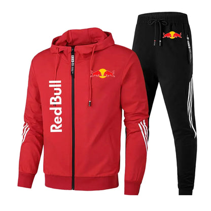 2025 Red Bull Brand Logo Printed Men's Zipper Hoodie With Casual Trousers Cycling Sports Two-piece Solid Color Simple Men's Suit.