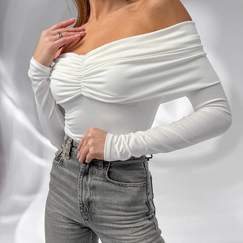 Talenza Sexy Ruched Top Women's One-Shoulder Long Sleeve Backless Solid Pullover Top Summer Female Office Lady Casual Top Women.