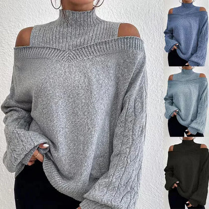 2025 Autumn Winter New Solid Knitting Off Shoulder Sweaters Elegant Office Lady Half High Collar Splice Loose Pullovers Sweater.