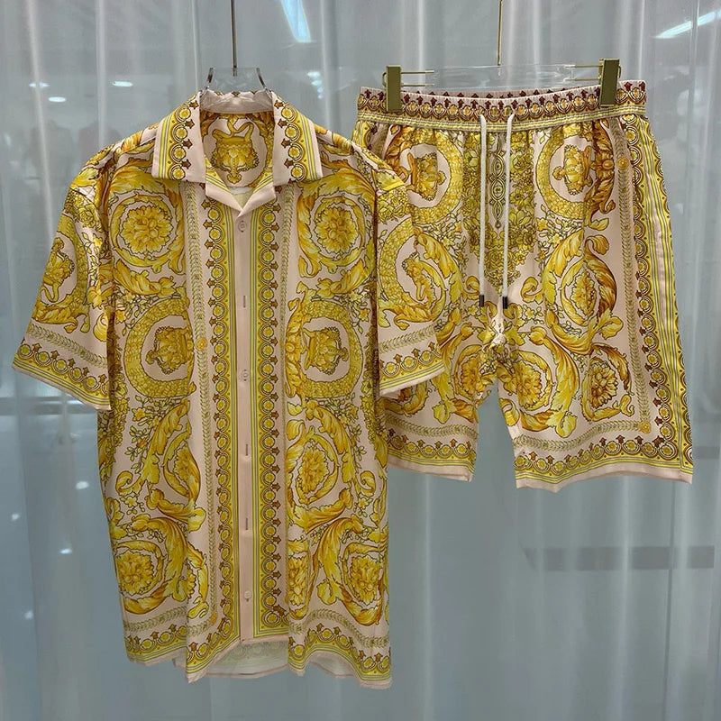Royal luxury digital printed men's set fashion two-piece shorts set high-quality summer short sleeved shirt Allen Sen Trendy Clo.