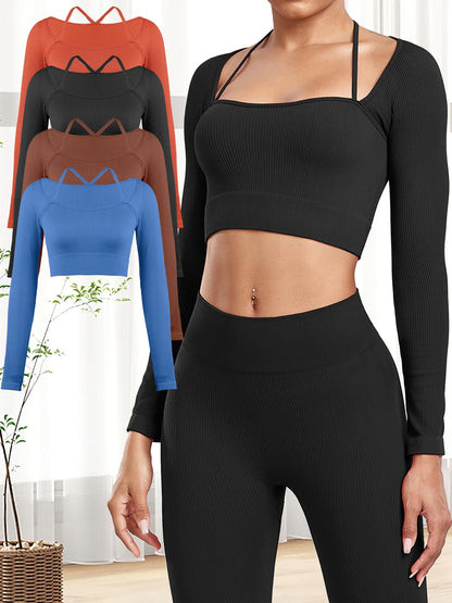 Women Screw Thread Small Sling Long Sleeve Fitness Crop Top Running Slim Fit Comfortable Sports Yoga Casual Fashion Tops.