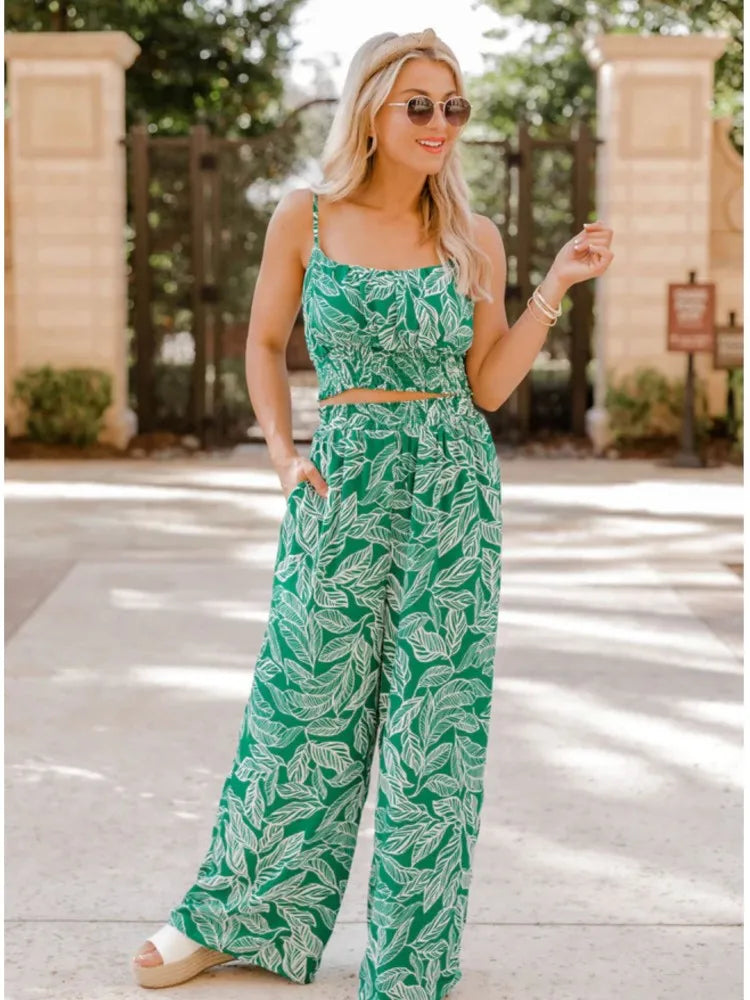 Women's Fashion Print Halter Sexy Short Top + Wide Leg Pant Suit Summer Casual Simple Sweet About Elegant Female Pant 2piece Set.