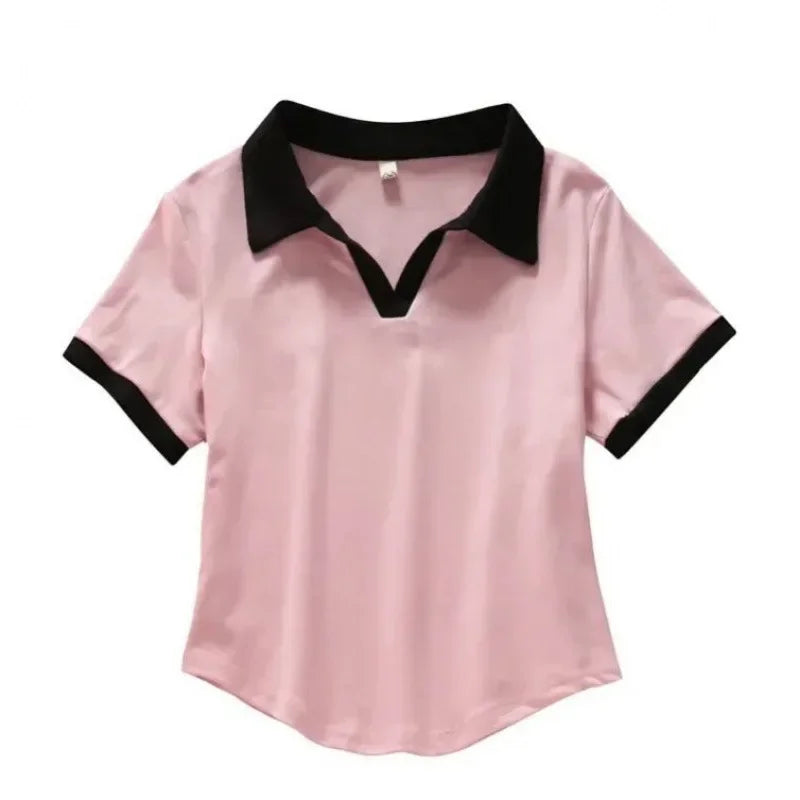 Slim Fit Polo Neck Short Sleeve T-Shirt Women's Summer Fashion Design Contrast Color Casual Versatile Top Body Shaping.