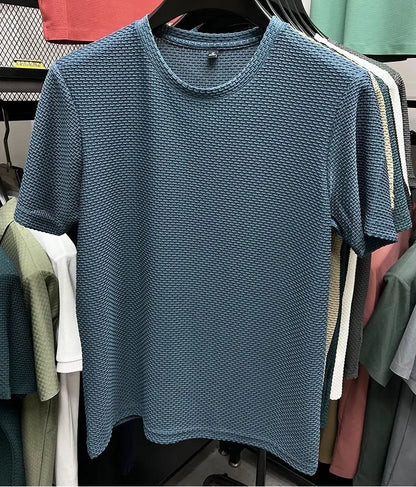 Summer Mesh Ice Silk T-shirt Men's Short Sleeve Round Neck 2023 New Half Sleeve Men Thin Solid Color Tees Top.