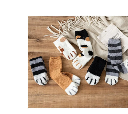 Women Socks Winter Warm Fluffy Socks Cute Animal Claw Cat Paw Footprint Fuzzy Socks Thicken Coral Fleece Home Floor Sleep Socks