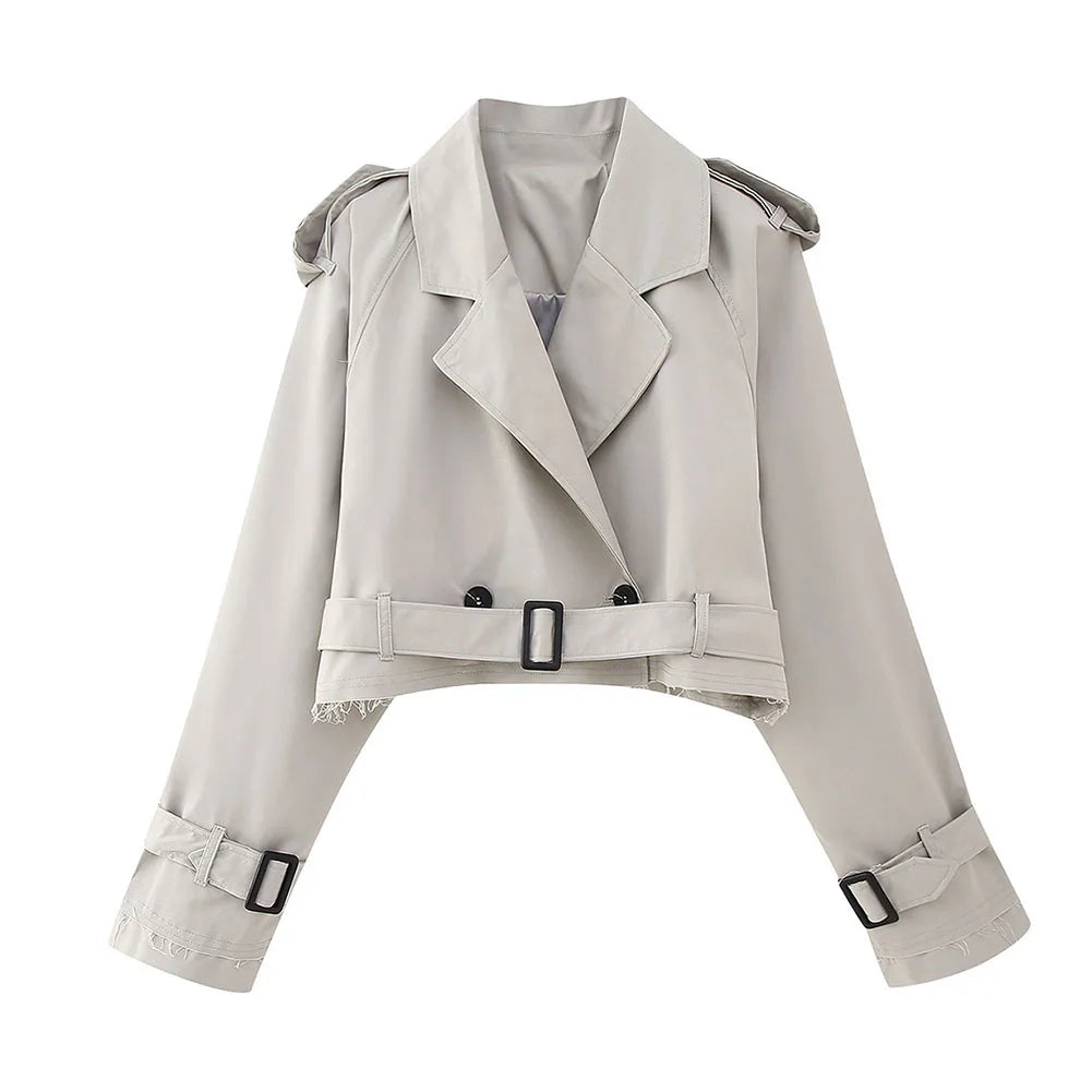 Frauen kurze Blazer Jacken Herbst elegante Vintage einfarbige Langarm Zweireiher Trenchcoat mit Gürtel.