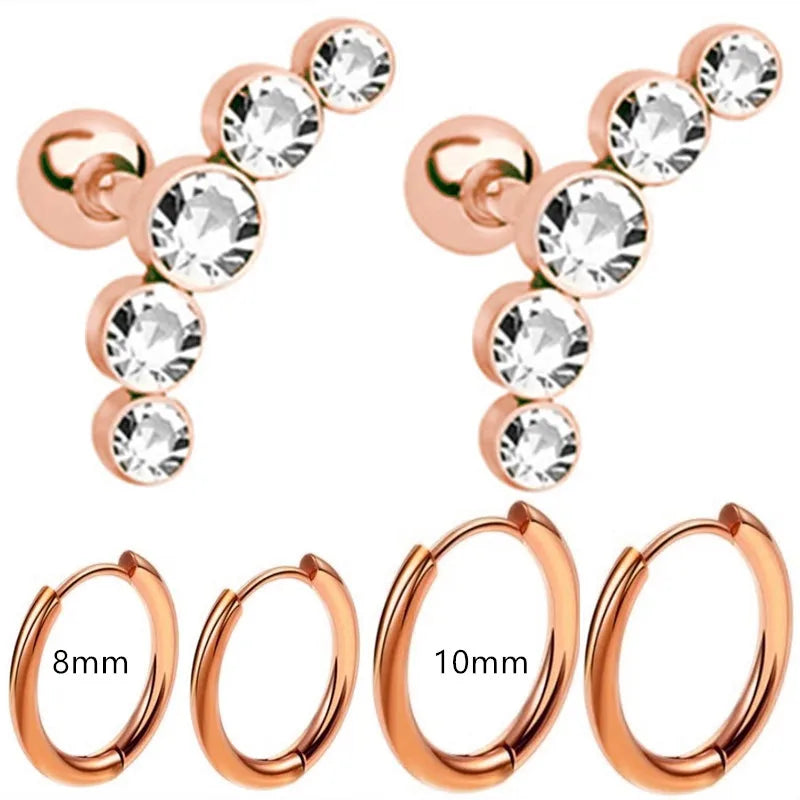 Cyrstal Tragus Stud Earrings Set Cluster Helix Piercing Stud Bulk Cartilage Huggie Earring Hoops Ear Lobe Hoops Circle Jewelry.