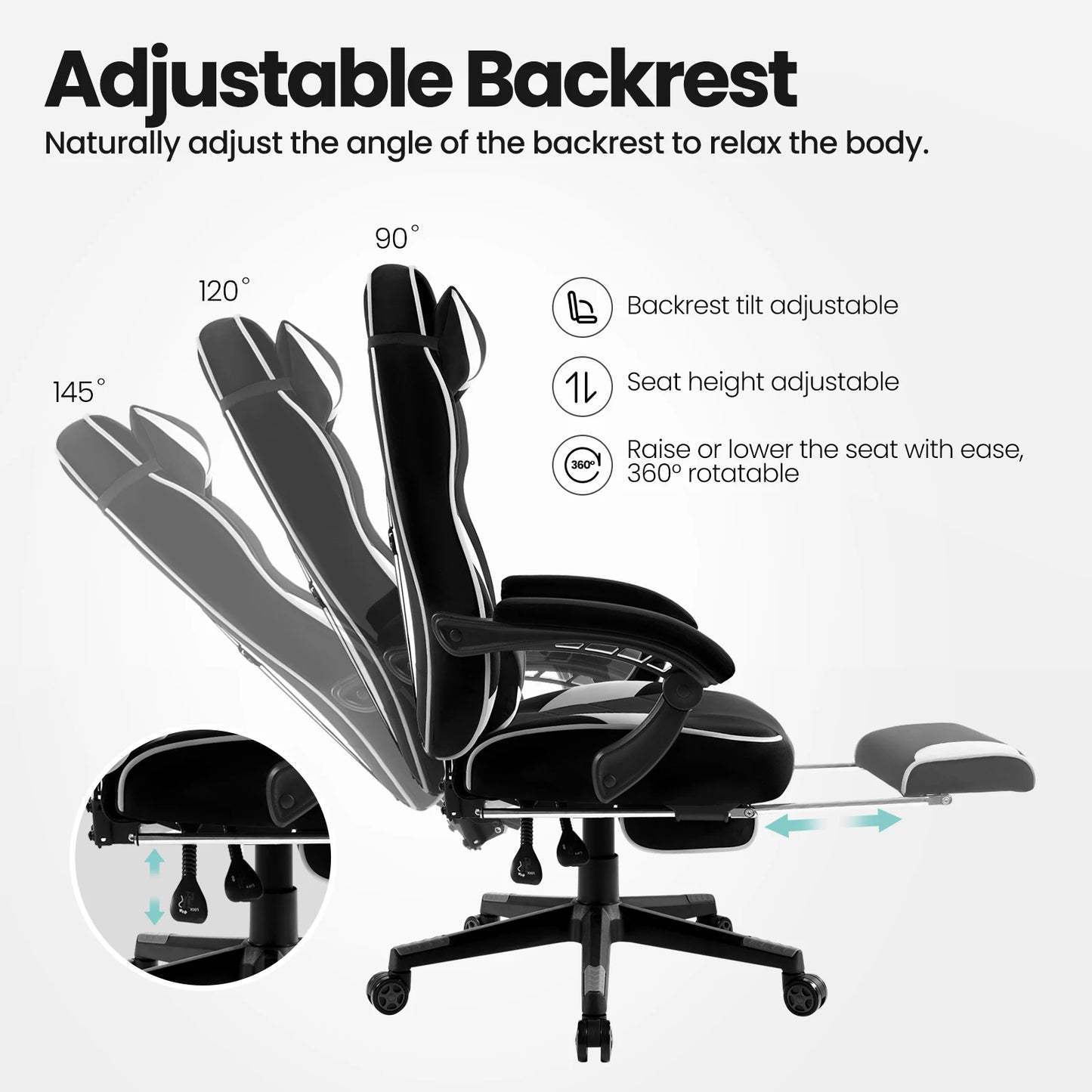 WOLTU Drehbarer Gaming-Rennstuhl, Schreibtisch, Büro, Computerstuhl, Sportsitz mit Kopfstütze, Lendenkissen, Fußstütze, Gamer-Stuhl