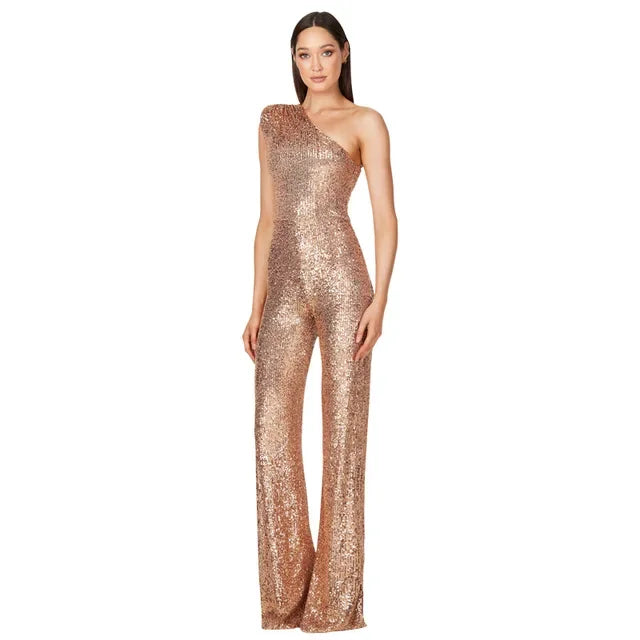 Women Elegant Long Jumpsuits Sexy Glitter Sequin Club Ladies Playsuits Slanted Collar Party Fashion Backless Solid Romper 2024