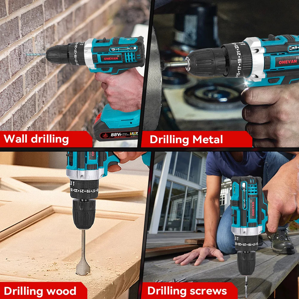 ONEVAN Elektrischer Schlagbohrschrauber, 25 + 3 Drehmoment, multifunktional, 2 Gänge, Akku-Bohrhammer, Elektrowerkzeug für Makita 18 V Akku-Stift