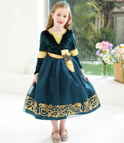 Girls Merida Cosplay Princess Dress Children Stage Performance Clothes Kids Halloween Carnival Party Long Sleeves Outfits.