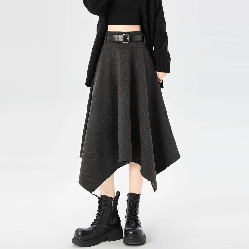 High Quality Irregular Woolen Skirt Women 2025 Autumn Winter New High Waist Slimming Midi Skirt Elegant A-line Faldas with Belt.