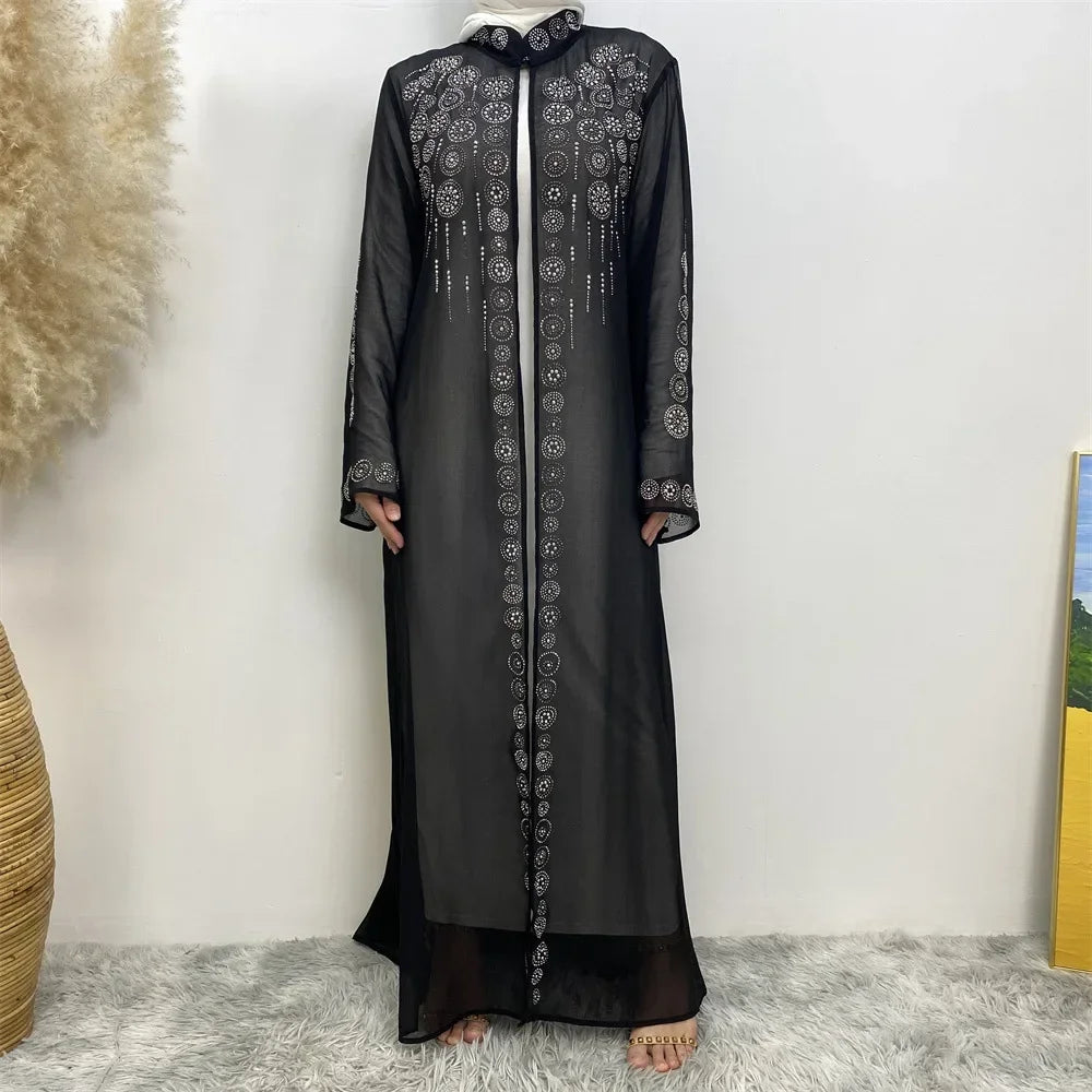Luxury Diamonds Kimono Open Abayas for Women Muslim Dress Morocco Kaftan Dubai Turkey Party Gown Kebaya Islam Jalabiya Ramadan