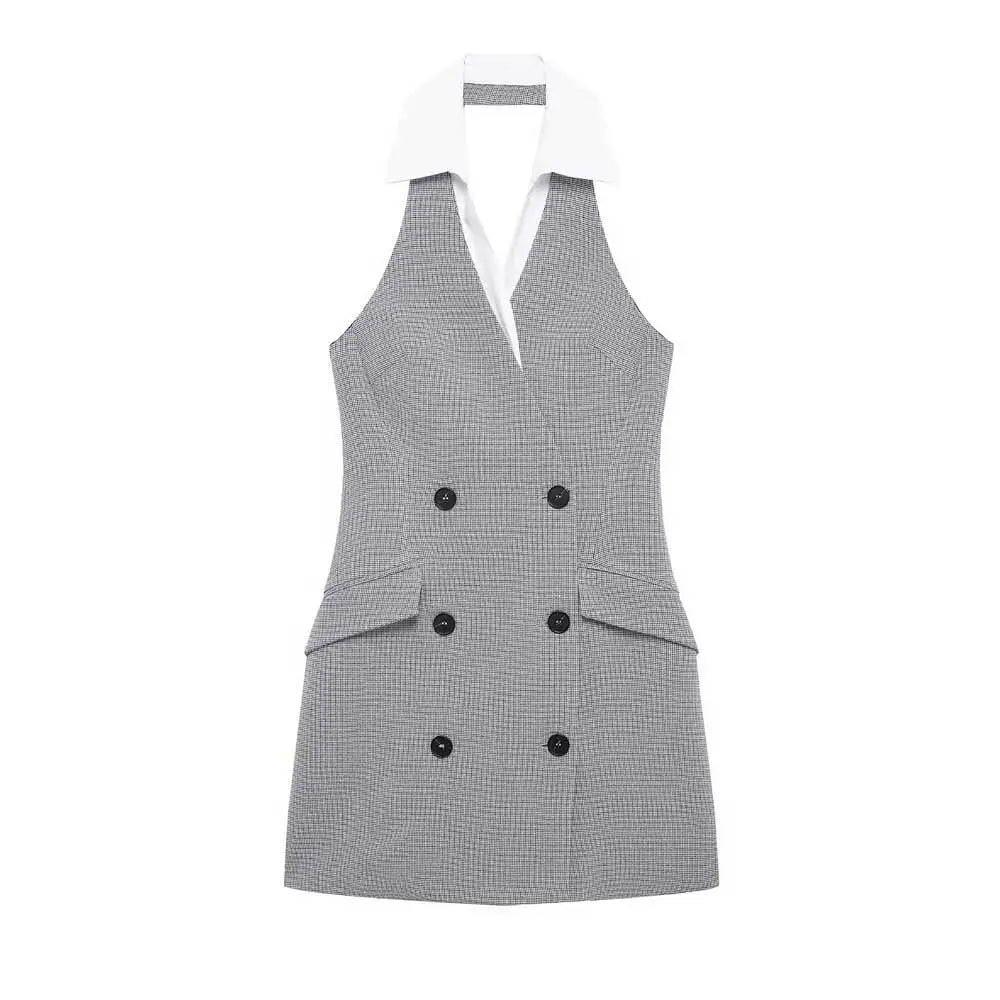 TRZA Mode Zweireiher Plaid Halter Mini Kleid für Frauen Front Klappen Taschen Backless Weibliche Kleider Vestidos Mujer.