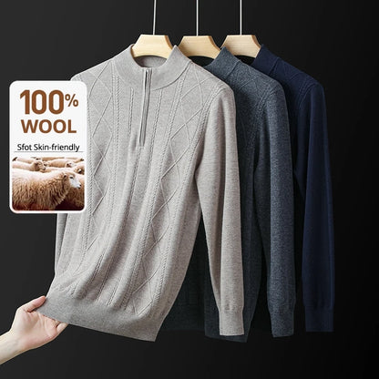 High End 100% Australia Wool Cashmere New Autum Winter Fashion Brand Casual Zip Up Men Pullover Knit Half Turtleneck Sweater.