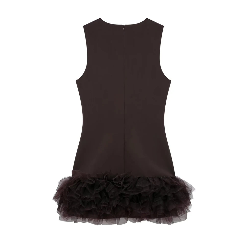 TRZA Wome Mode Mit Tüll Mini Kleid O Neck Ärmellose Zurück Zipper Weibliche Kleider Vestidos Mujer.