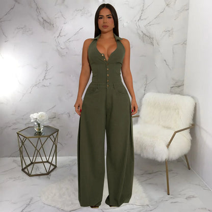 Fashionable Backless Casual Romper with Pockets for Women Summer Breathable Lightweight Solid Color One-Piece Suit.