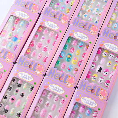 24Pcs/box Kids nails for Girl Cartoon Pattern False Nail Cute Child Fake Nails Tips Kawaii Acrylic Artificial Press on Nail+Tool.