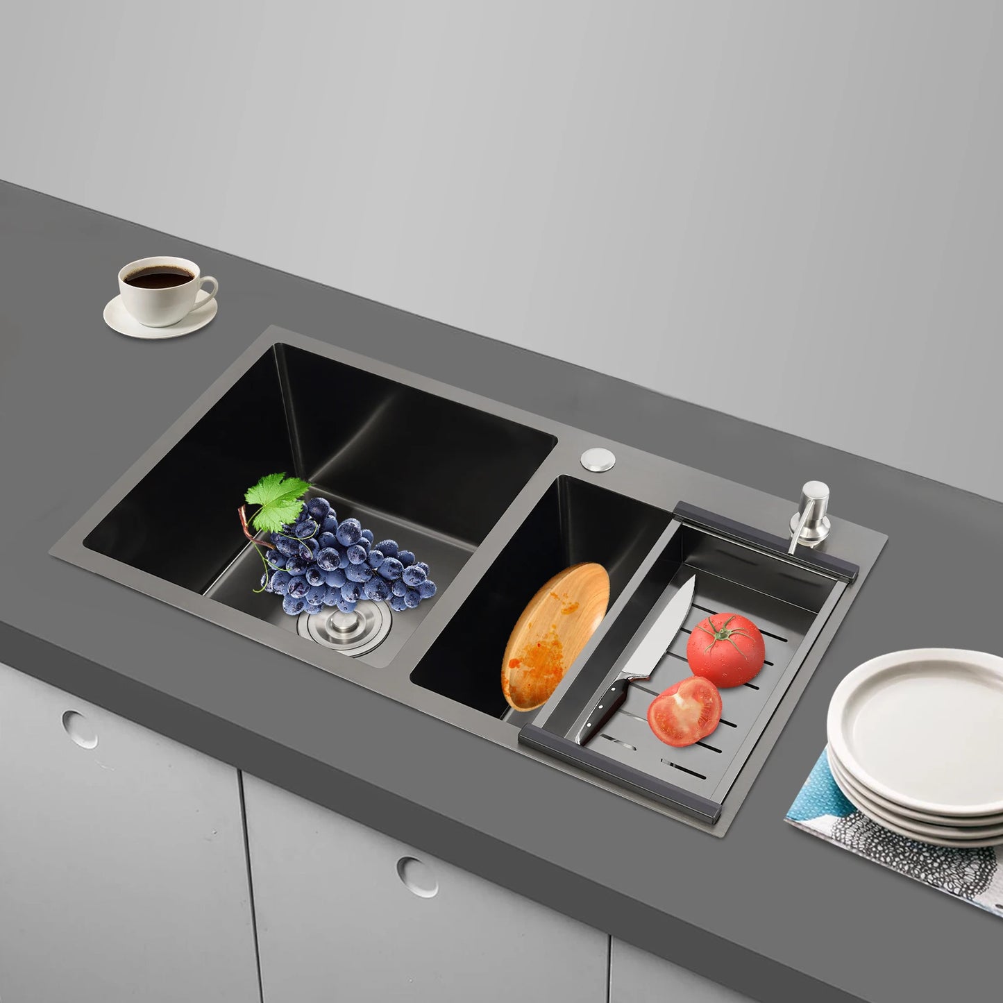 Schwarze Spüle aus Edelstahl 304, Doppelschüssel-Küchenspüle mit Seifenspender und Abflusskorb, großes Spülbecken