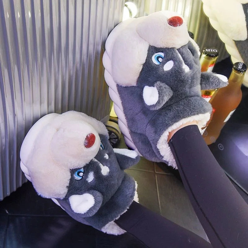 Women Indoor Cotton Slippers Cute Cartoon Dog Winter Warm Shoes Couples Home Floor Slides Anti-slip  Female Male House Footwear.
