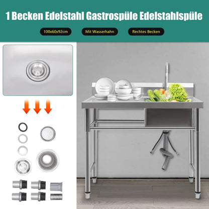 Küchenspüle mit 201 Stauraum, Edelstahlspüle mit Waschbecken, 100 x 60 x 93 cm, freistehendes kommerzielles Küchenspüle aus Edelstahl